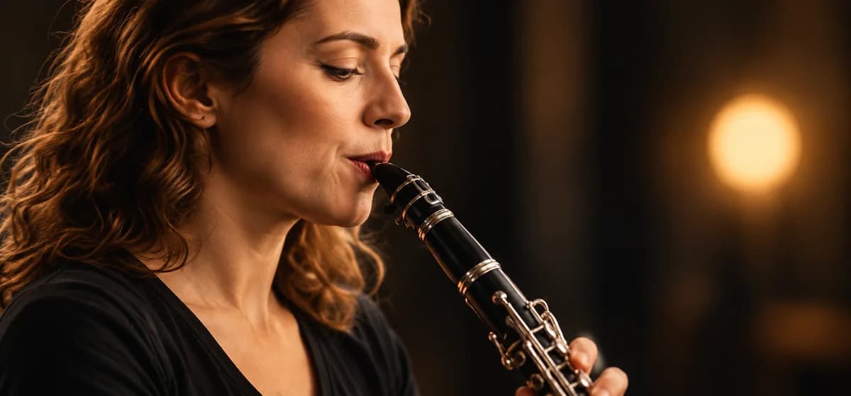 Musikerin spielt Klarinette im warmen Licht